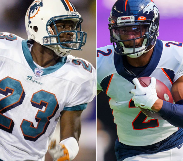 side by side image of miami dolphins nfl player patrick surtain sr and broncos player patrick surtain ii playing in football games