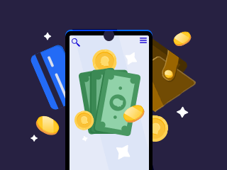Mobile showing payment and money symbols